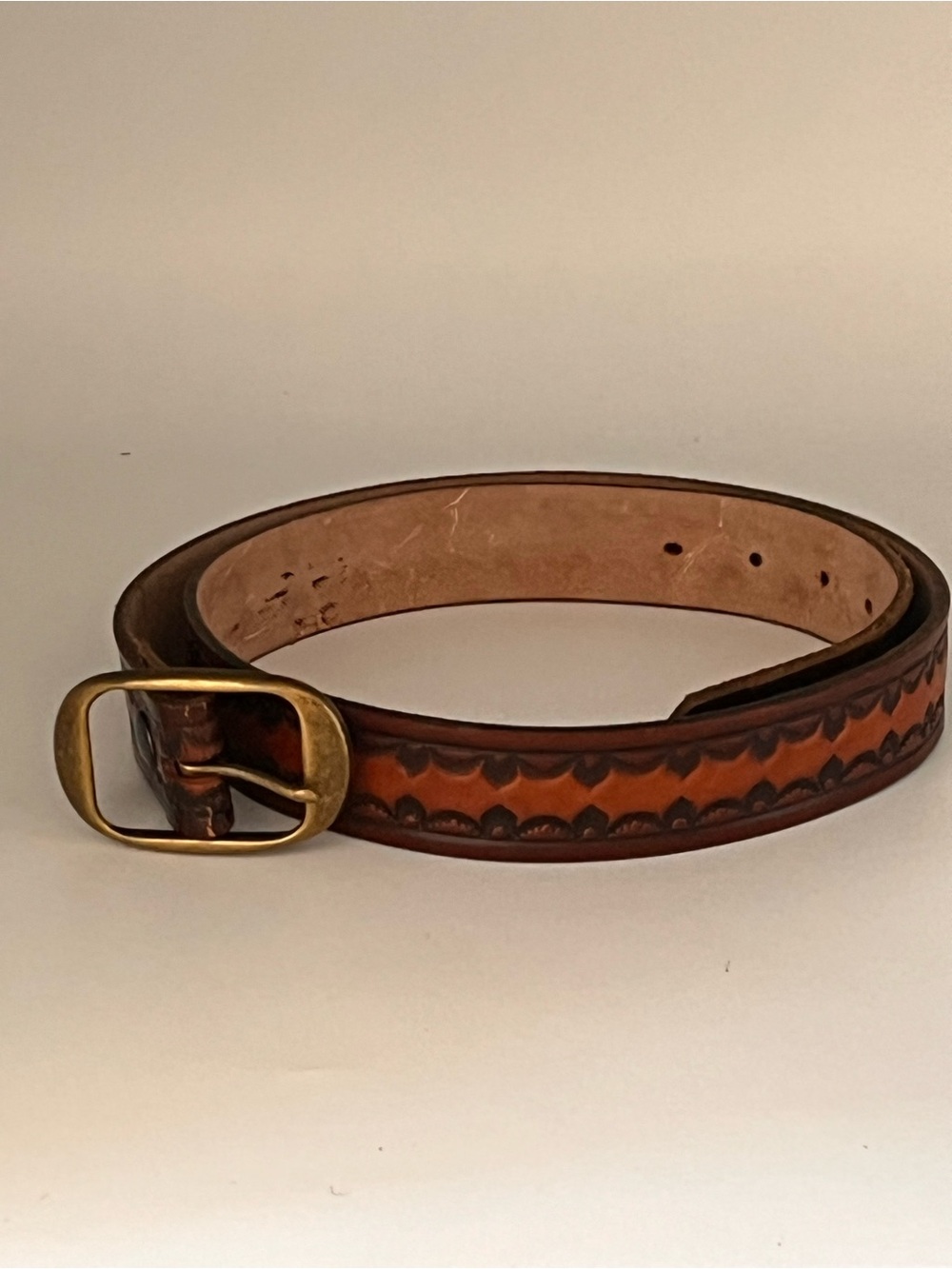 Men's Brown Two Tone Tooled Leather Belt Brass Buckle Western Style 38" x 1.5"